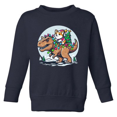 Xmas Corgi Riding Festive Trex Funny Christmas Toddler Sweatshirt