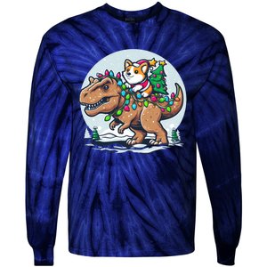 Xmas Corgi Riding Festive Trex Funny Christmas Tie-Dye Long Sleeve Shirt