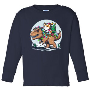 Xmas Corgi Riding Festive Trex Funny Christmas Toddler Long Sleeve Shirt