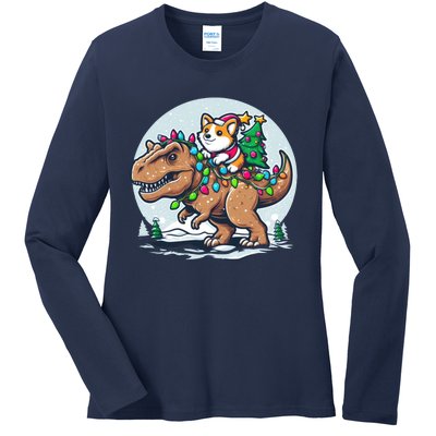 Xmas Corgi Riding Festive Trex Funny Christmas Ladies Long Sleeve Shirt