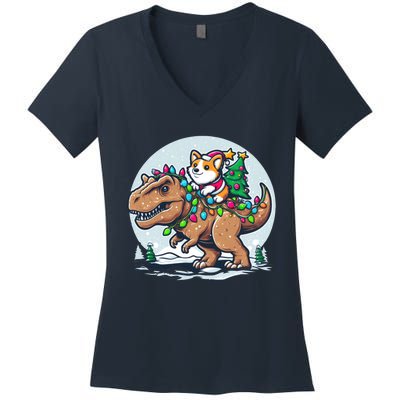 Xmas Corgi Riding Festive Trex Funny Christmas Women's V-Neck T-Shirt