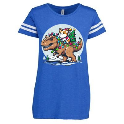 Xmas Corgi Riding Festive Trex Funny Christmas Enza Ladies Jersey Football T-Shirt