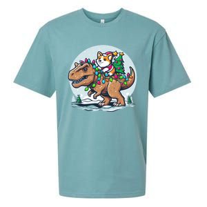 Xmas Corgi Riding Festive Trex Funny Christmas Sueded Cloud Jersey T-Shirt