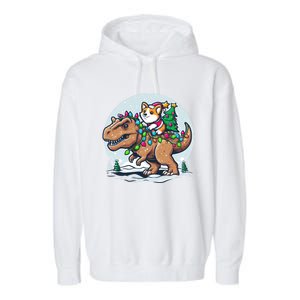 Xmas Corgi Riding Festive Trex Funny Christmas Garment-Dyed Fleece Hoodie