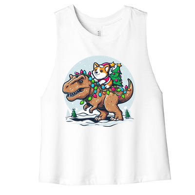 Xmas Corgi Riding Festive Trex Funny Christmas Women's Racerback Cropped Tank