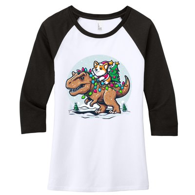 Xmas Corgi Riding Festive Trex Funny Christmas Women's Tri-Blend 3/4-Sleeve Raglan Shirt