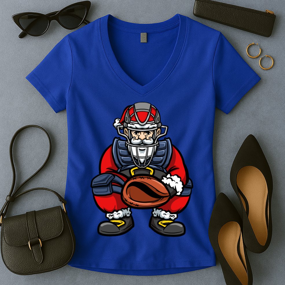 Xmas Catcher Santa Claus Christmas Baseball Gift Women's V-Neck T-Shirt