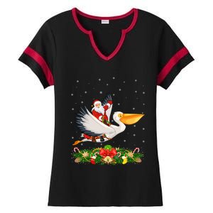 Xmas Decor Lights Funny Santa Riding Pelican Bird Christmas Gift Ladies Halftime Notch Neck Tee