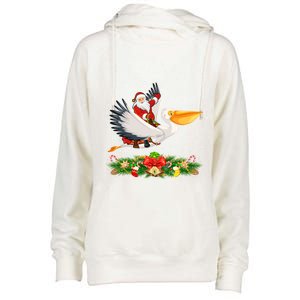 Xmas Decor Lights Funny Santa Riding Pelican Bird Christmas Gift Womens Funnel Neck Pullover Hood