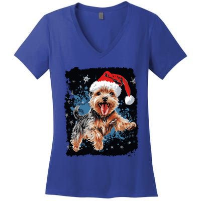 Xmas Dog Yorkshire Terrier Christmas Gift Women's V-Neck T-Shirt