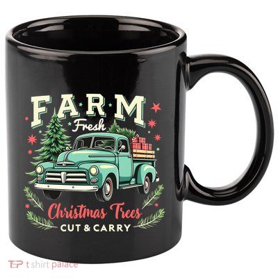 Xmas Farm Fresh Christmas Trees Cut And Carry Monster Truck Gift 11oz C Handle Ceramic Mug
