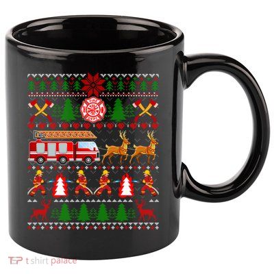 Xmas Firefighter Lover Fire Truck Fire Ugly Sweater Gift 11oz C Handle Ceramic Mug