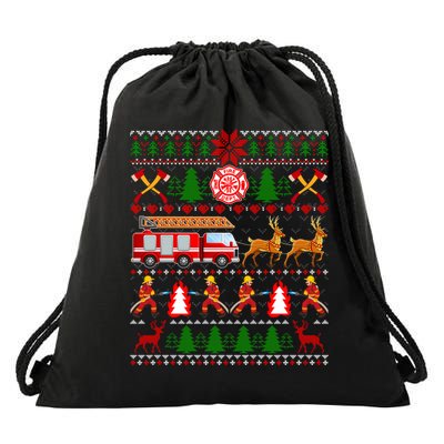 Xmas Firefighter Lover Fire Truck Fire Ugly Sweater Gift Drawstring Bag