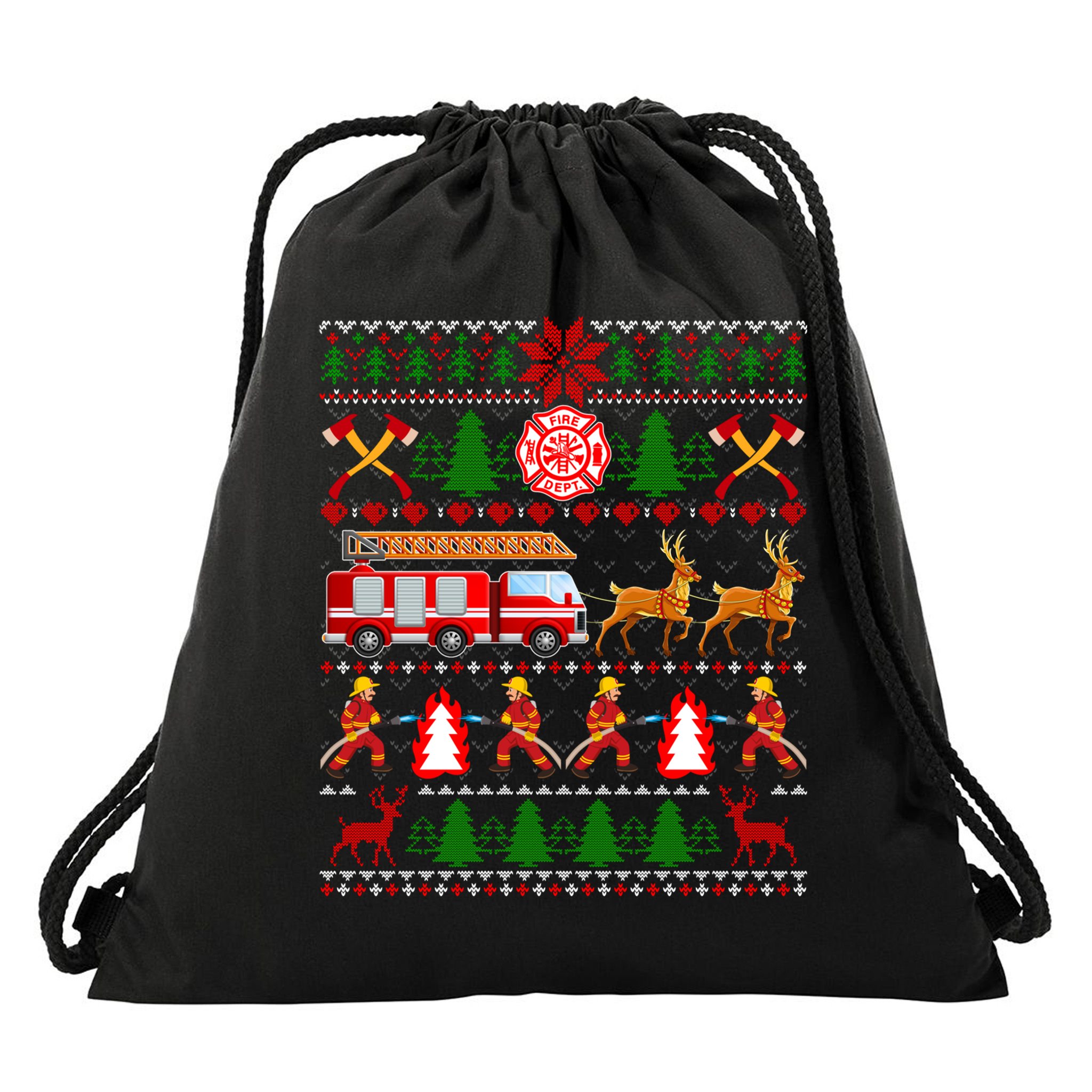 Xmas Firefighter Lover Fire Truck Fire Ugly Sweater Gift Drawstring Bag