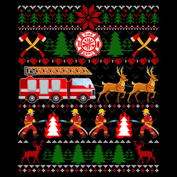 Xmas Firefighter Lover Fire Truck Fire Ugly Sweater Gift Drawstring Bag