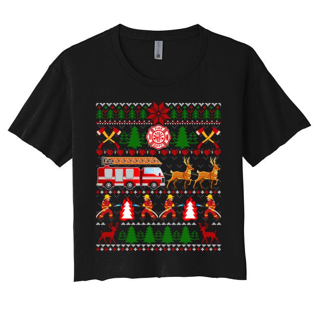Xmas Firefighter Lover Fire Truck Fire Ugly Sweater Gift Crop Top