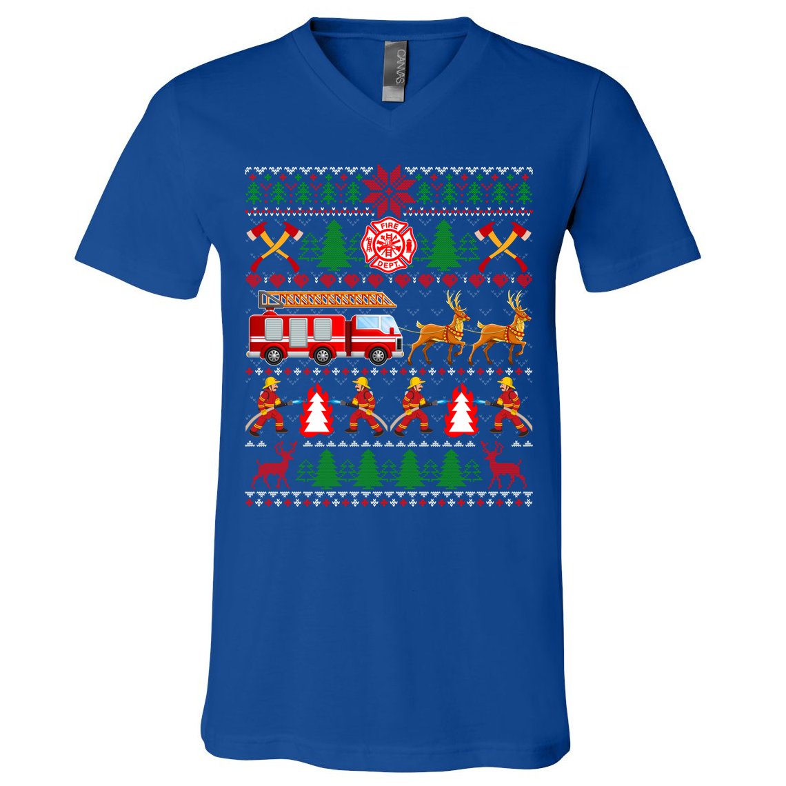 Xmas Firefighter Lover Fire Truck Fire Ugly Sweater Gift V-Neck T-Shirt