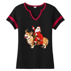 Xmas Family Matching Funny Santa Riding Corgi Christmas Gift Ladies Halftime Notch Neck Tee