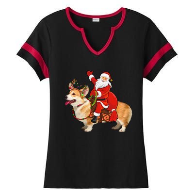 Xmas Family Matching Funny Santa Riding Corgi Christmas Gift Ladies Halftime Notch Neck Tee