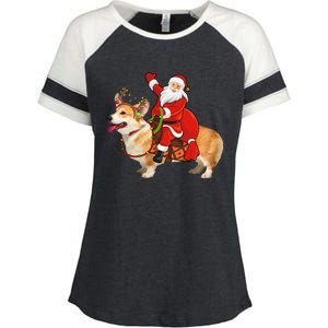 Xmas Family Matching Funny Santa Riding Corgi Christmas Gift Enza Ladies Jersey Colorblock Tee