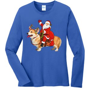 Xmas Family Matching Funny Santa Riding Corgi Christmas Gift Ladies Long Sleeve Shirt