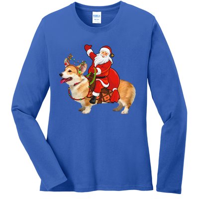 Xmas Family Matching Funny Santa Riding Corgi Christmas Gift Ladies Long Sleeve Shirt