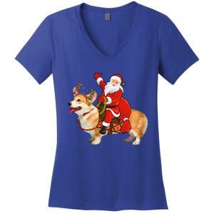 Xmas Family Matching Funny Santa Riding Corgi Christmas Gift Women's V-Neck T-Shirt