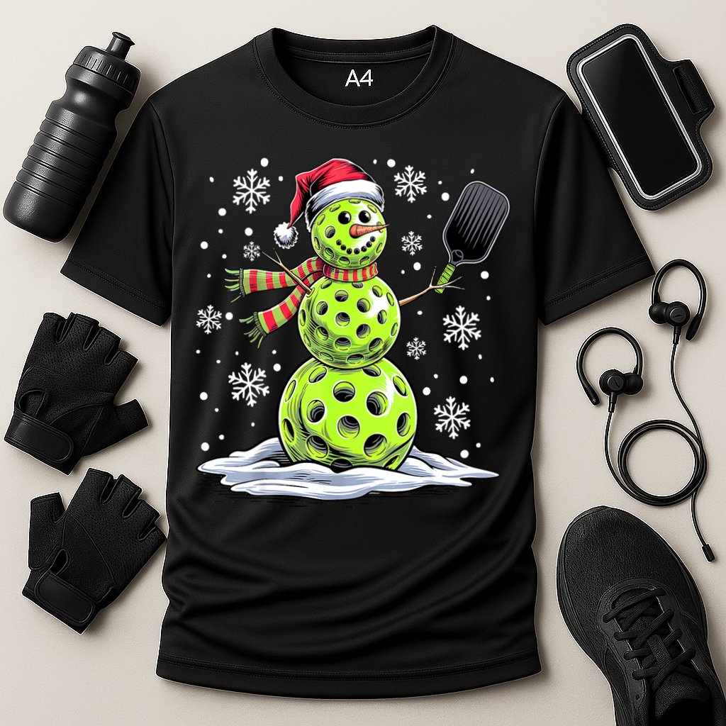 Xmas Funny Pickleball Snowman Player Santa Hat Christmas Gift Cooling Performance Crew T-Shirt