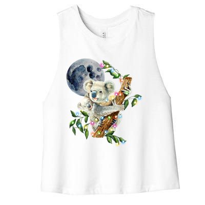 Xfunny Giftmas Lights Wild Animal Baby Koala With Mom Moon Koala Gift Women's Racerback Cropped Tank