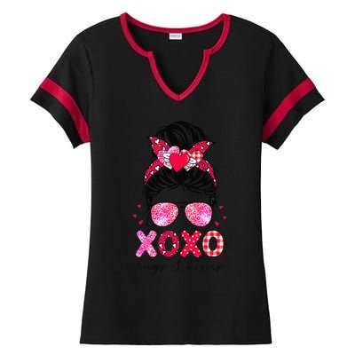 Xoxo Hugs And Ki Messy Bun Leopard Happy Valentine's Day Ladies Halftime Notch Neck Tee