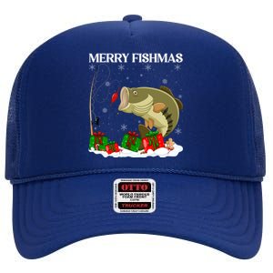 Xmas Holiday Fish Fishing Fishmas Bass Fish Merry Christmas Funny Gift High Crown Mesh Back Trucker Hat