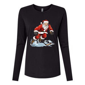 Xmas Holiday Funny Santa Playing Ice Hockey Christmas Gift Womens Cotton Relaxed Long Sleeve T-Shirt