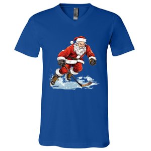 Xmas Holiday Funny Santa Playing Ice Hockey Christmas Gift V-Neck T-Shirt