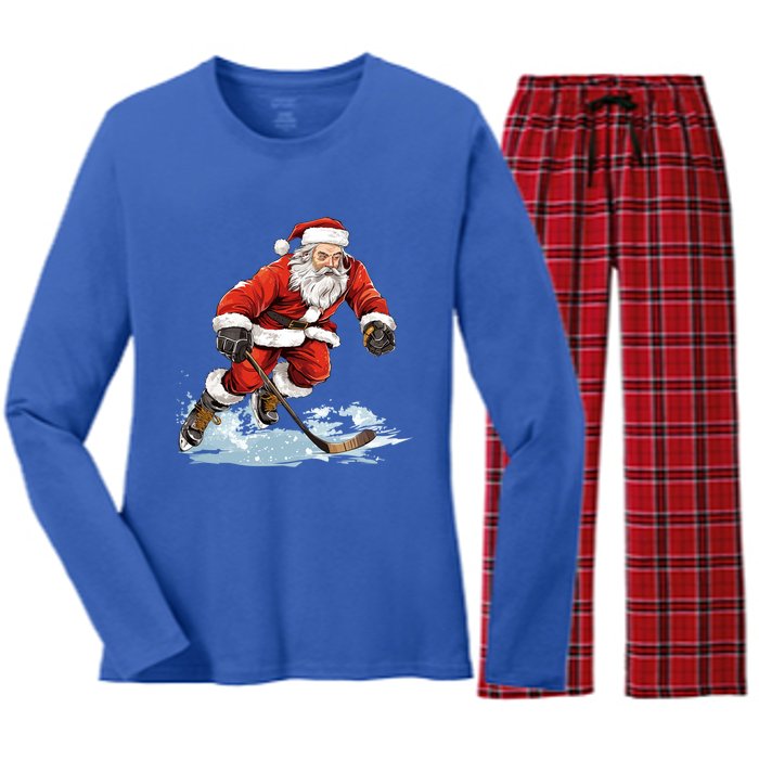 Xmas Holiday Funny Santa Playing Ice Hockey Christmas Gift Women's Long Sleeve Flannel Pajama Set 