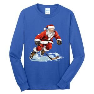 Xmas Holiday Funny Santa Playing Ice Hockey Christmas Gift Tall Long Sleeve T-Shirt