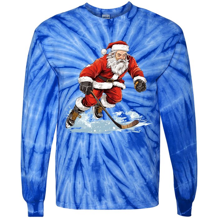 Xmas Holiday Funny Santa Playing Ice Hockey Christmas Gift Tie-Dye Long Sleeve Shirt