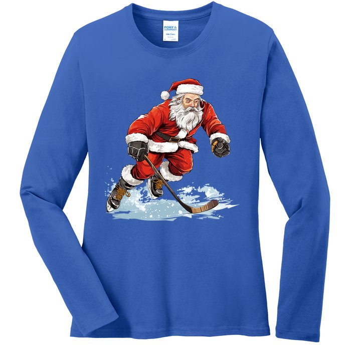 Xmas Holiday Funny Santa Playing Ice Hockey Christmas Gift Ladies Long Sleeve Shirt