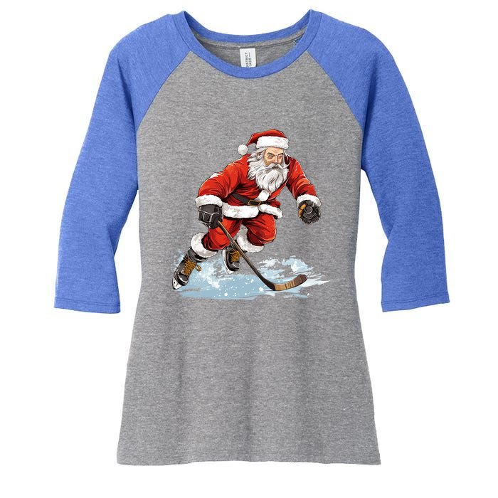 Xmas Holiday Funny Santa Playing Ice Hockey Christmas Gift Women's Tri-Blend 3/4-Sleeve Raglan Shirt