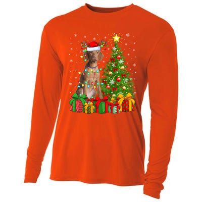 Xmas Holiday Lights Santa Vizsla Dog Christmas Tree Gift Cooling Performance Long Sleeve Crew