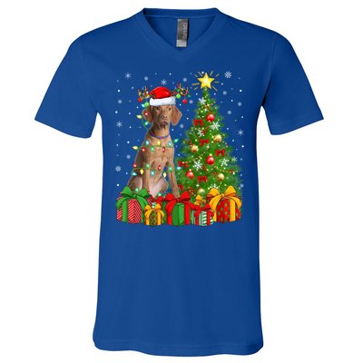 Xmas Holiday Lights Santa Vizsla Dog Christmas Tree Gift V-Neck T-Shirt