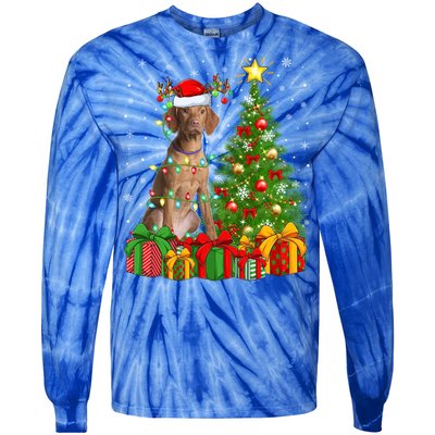 Xmas Holiday Lights Santa Vizsla Dog Christmas Tree Gift Tie-Dye Long Sleeve Shirt