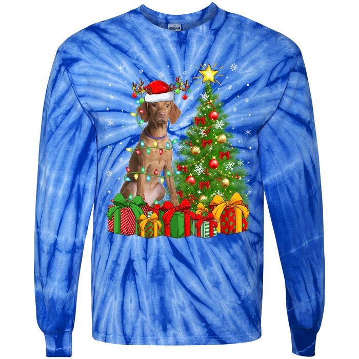 Xmas Holiday Lights Santa Vizsla Dog Christmas Tree Gift Tie-Dye Long Sleeve Shirt