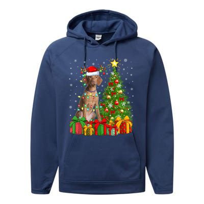 Xmas Holiday Lights Santa Vizsla Dog Christmas Tree Gift Performance Fleece Hoodie