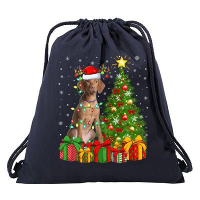 Xmas Holiday Lights Santa Vizsla Dog Christmas Tree Gift Drawstring Bag