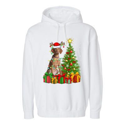 Xmas Holiday Lights Santa Vizsla Dog Christmas Tree Gift Garment-Dyed Fleece Hoodie