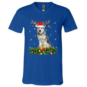 Xmas Holiday Reindeer Santa Alaskan Malamute Dog Christmas Gift V-Neck T-Shirt