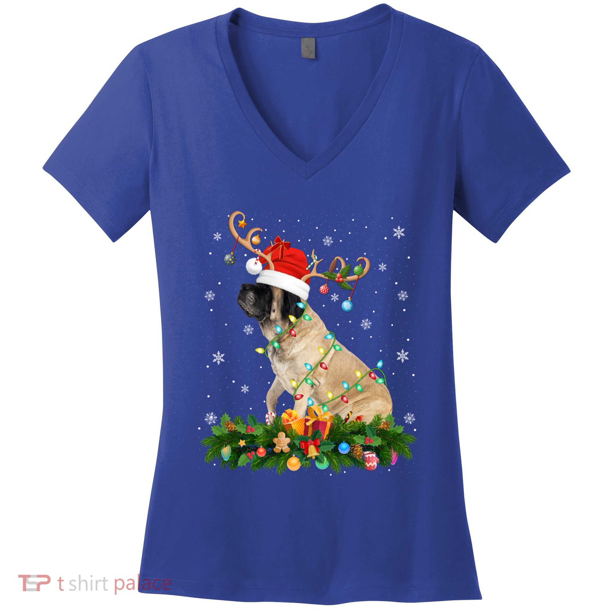 Xmas Holiday Reindeer Santa English Mastiff Dog Christmas Meaningful Gift Women's V-Neck T-Shirt