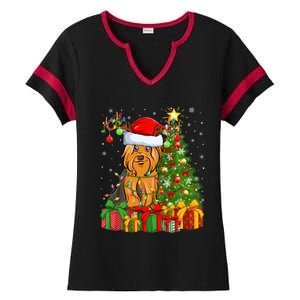 Xmas Holiday Santa Yorkshire Terrier Dog Christmas Tree Gift Ladies Halftime Notch Neck Tee