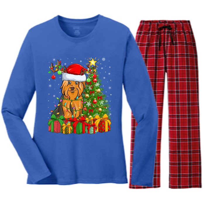 Xmas Holiday Santa Yorkshire Terrier Dog Christmas Tree Gift Women's Long Sleeve Flannel Pajama Set 