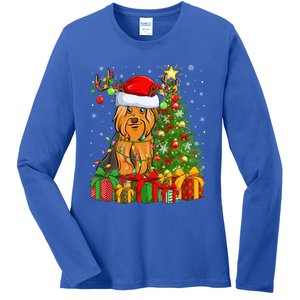 Xmas Holiday Santa Yorkshire Terrier Dog Christmas Tree Gift Ladies Long Sleeve Shirt